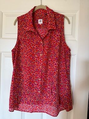 CAbi Pink and Red Sleeveless Button-Front Blouse